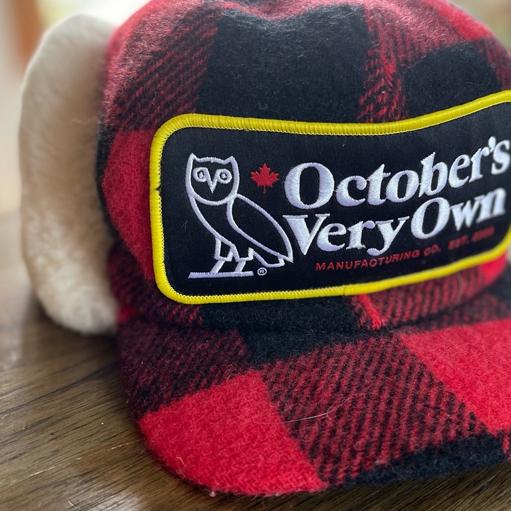 OVO October's Very Own Red & Black Buffalo Plaid Wool Trapper Hat w/ Ear Flaps
